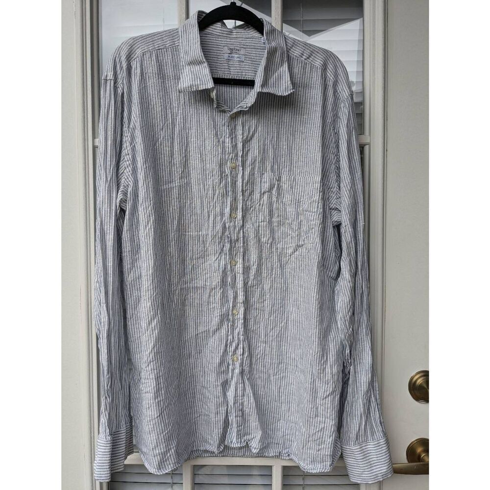 Raphael Positano Linen Button Up Shirt Blue White Stripe, Size 3XL (fits small)